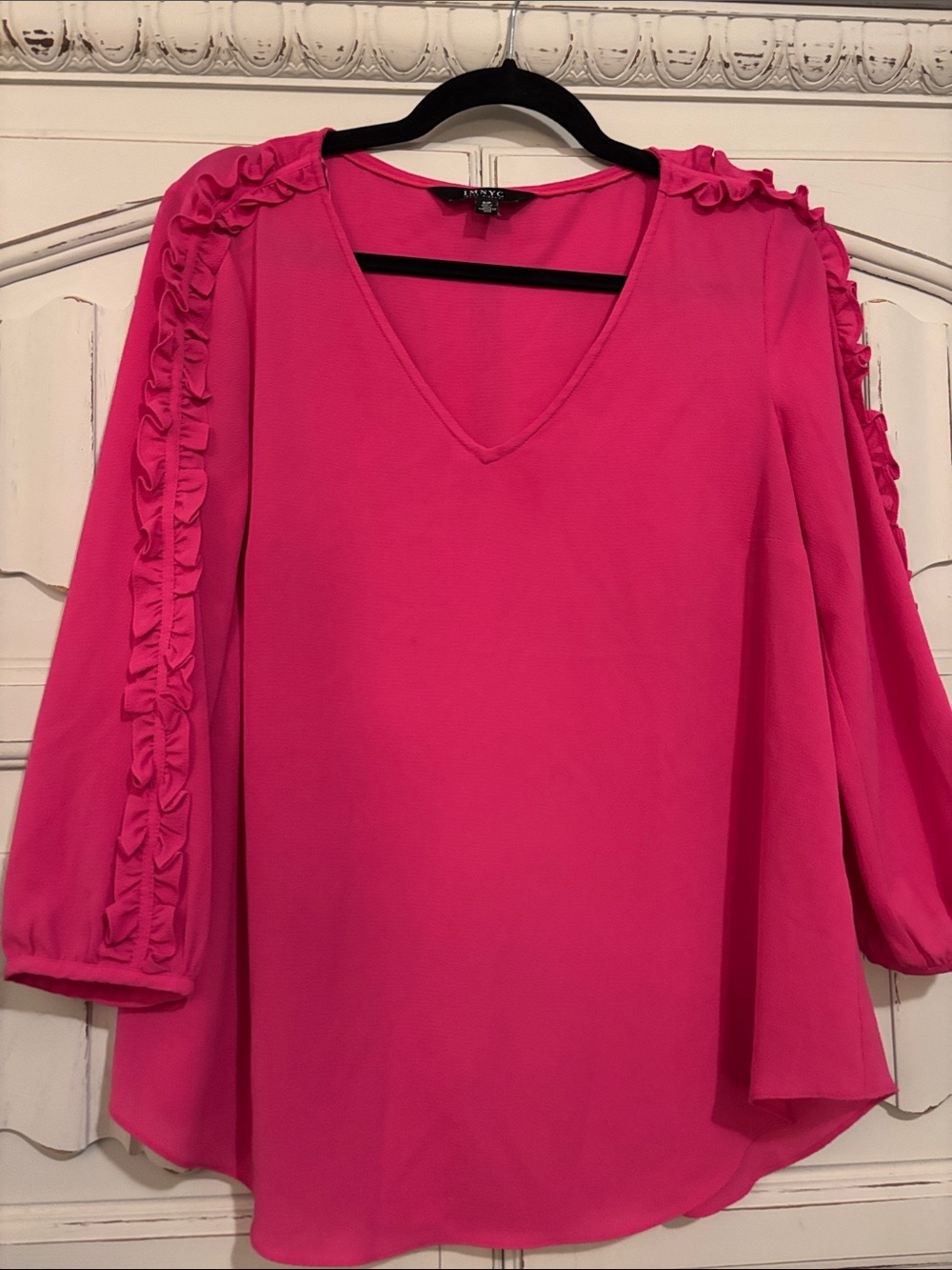 Women’s Hot Pink V-Neck Ruffle-Trim Blouse